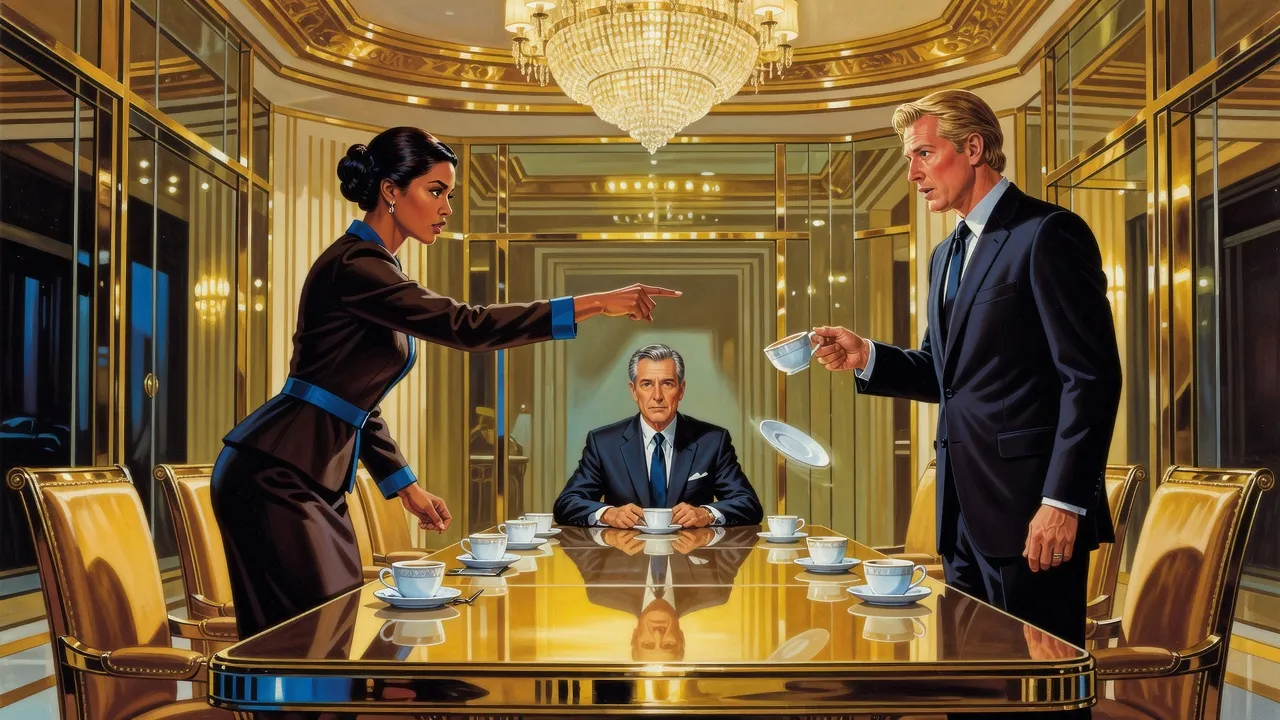 At a long table an elegant woman springs to her feet, pointing at a blond man whose coffee cup slips from his fingers while a grey-haired man watches.