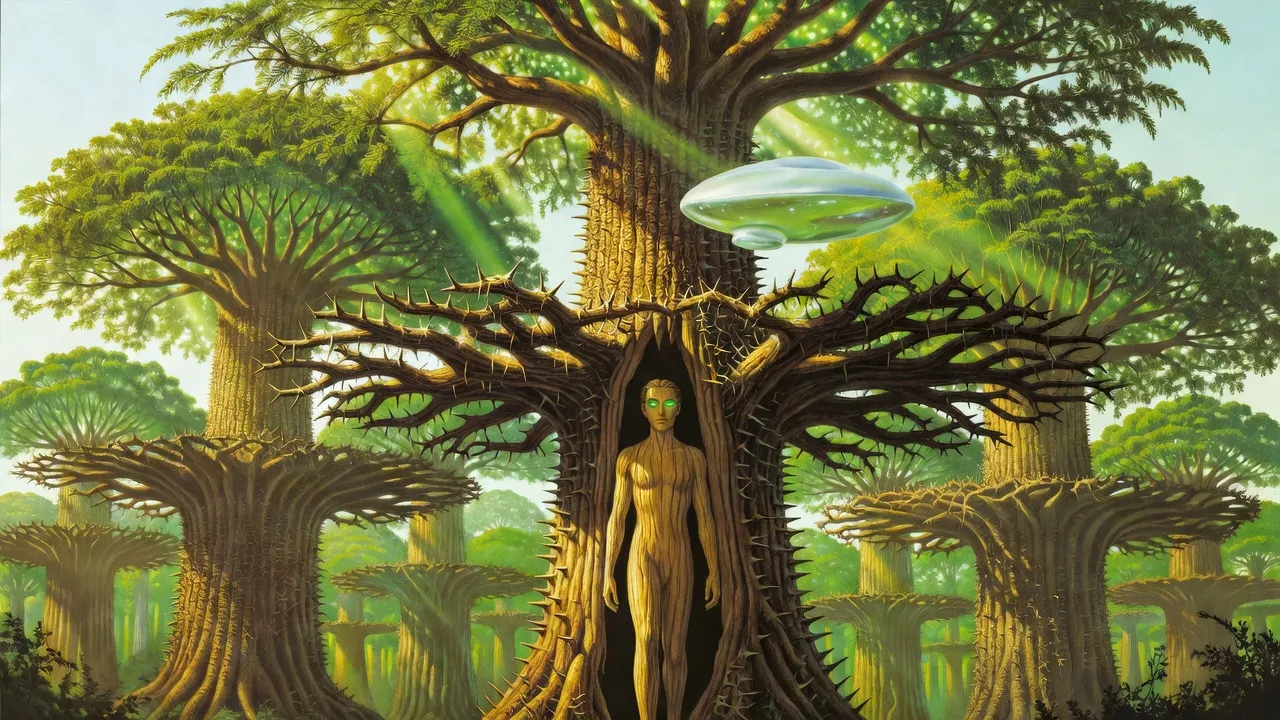In a vast golden forest a man of living wood steps into an opening in the trunk of a giant thorny tree, other huge thorny trees rising into the sky behind him.