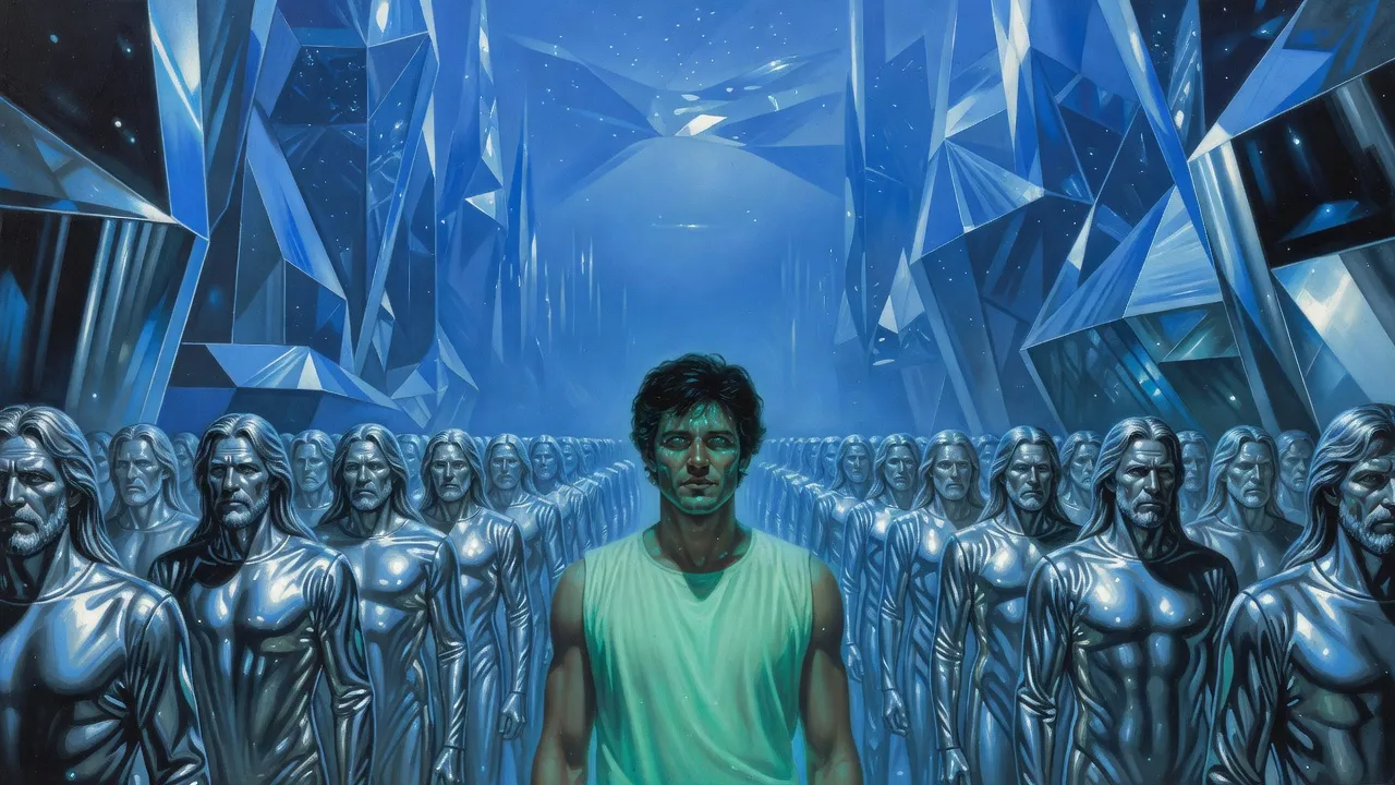 Inside a crystalline alien city a glowing man faces rank upon rank of identical quicksilver men.