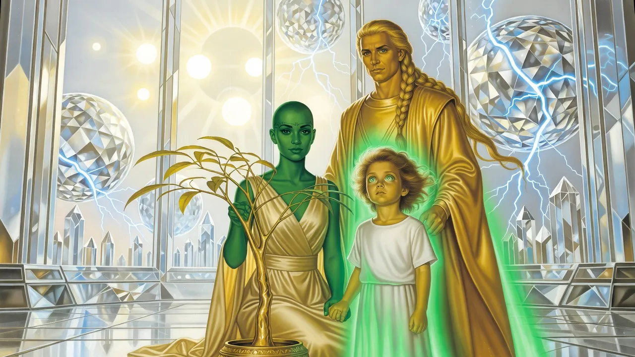 In a crystal hall under a blazing sky full of diamond spheres, a girl with glowing eyes holds the hand of a green-skinned woman who touches a potted sapling.
