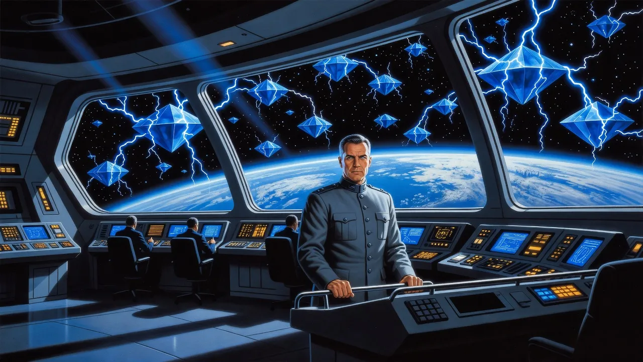 A grim general grips the rail of a warship’s bridge, its viewport showing the curve of Earth and a sky crowded with crackling diamond spheres.