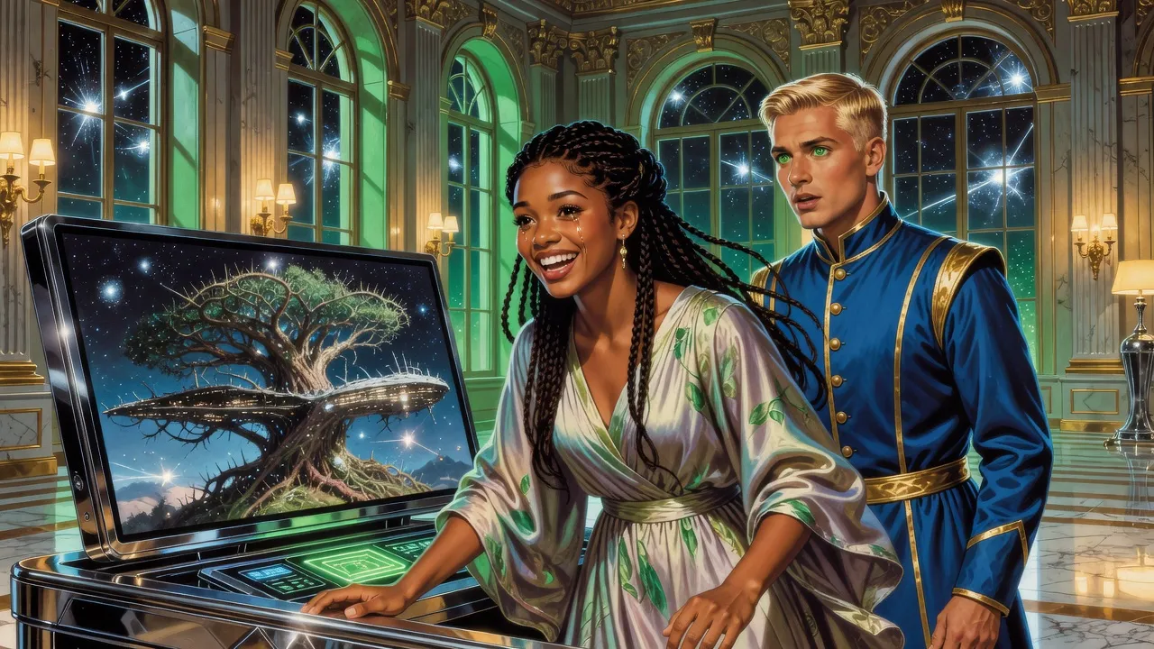 A young queen leans toward a glowing comm screen showing a vast thorny tree-ship, crying out, while a young king watches her in astonishment.