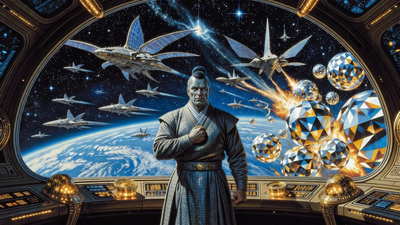 A broad grey-skinned officer with a topknot stands at a curved window, fist to his chest, as finned alien warships stream past the blue curve of Earth toward faceted diamond spheres bursting into fire.