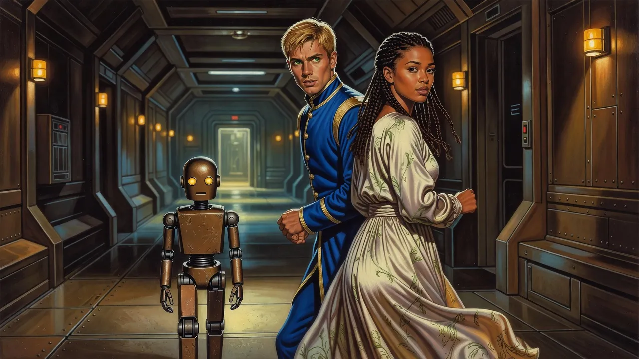 An old bronze robot leads a young king and queen hand in hand down a dim palace corridor lit by flickering emergency lights.