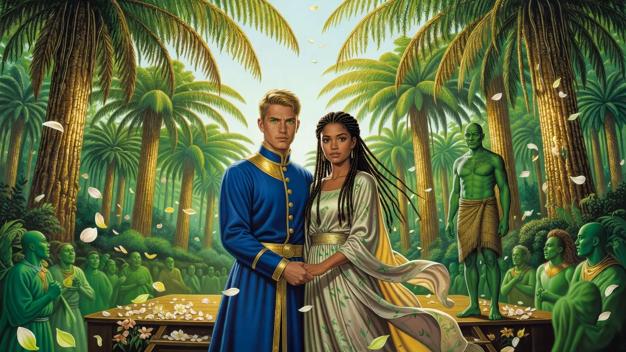 A king and queen stand hand in hand on a flower-strewn stage beneath colossal golden trees, a green-skinned priest beside them and a cheering crowd below.