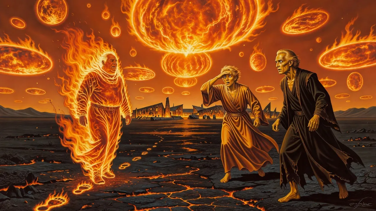 A man-shaped figure of roaring flame strides over scorched ground leaving glassy footprints toward a dishevelled nobleman, while a young nobleman shields his eyes.