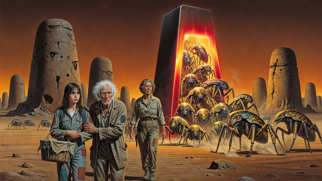 A teenage girl and an old man stand frozen as a tide of giant yellow-and-black beetle-like aliens pours out of a blazing stone gateway, a grey-haired woman walking among them.