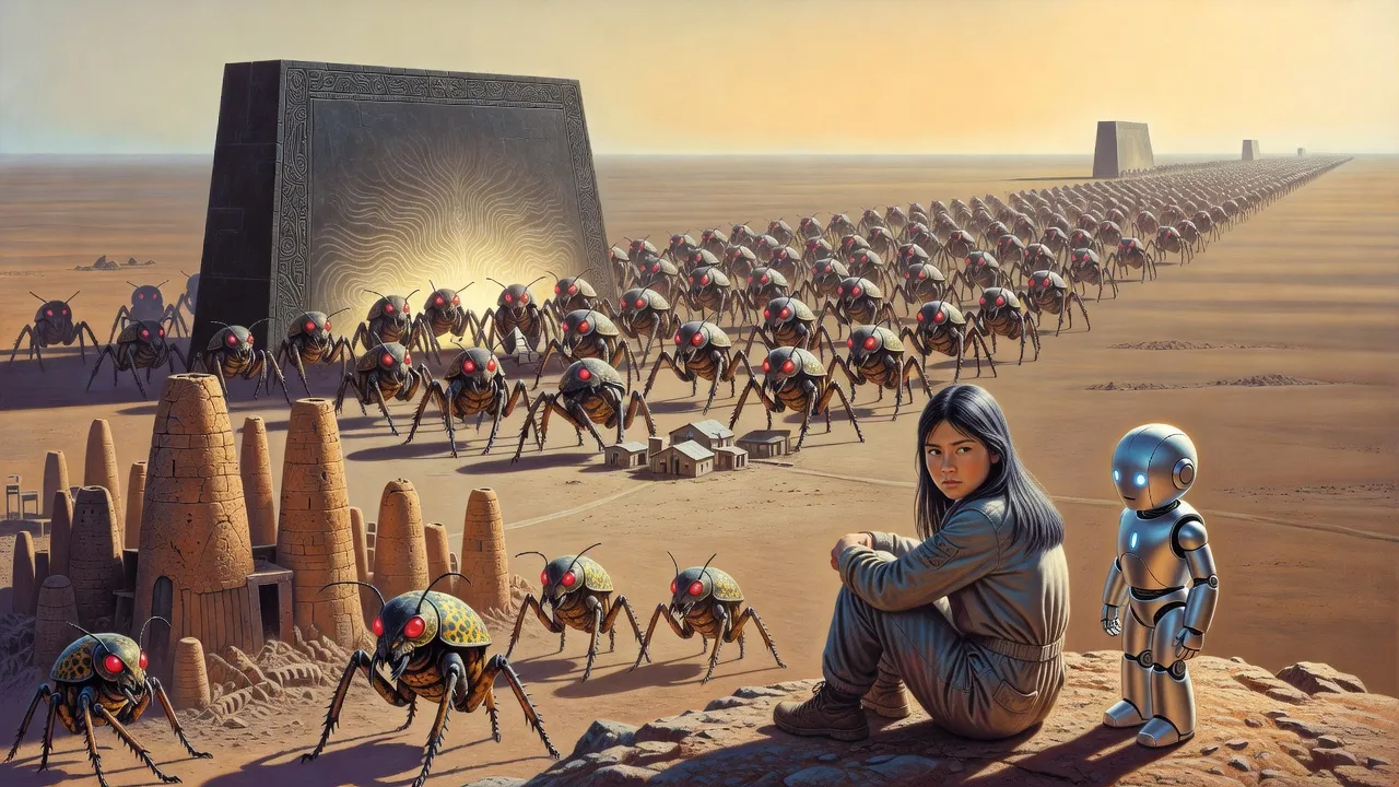 A teenage girl and a small silver robot on a barren hilltop watch a river of giant yellow-and-black beetle-like aliens pour from a stone gateway in alien ruins toward a small colony.