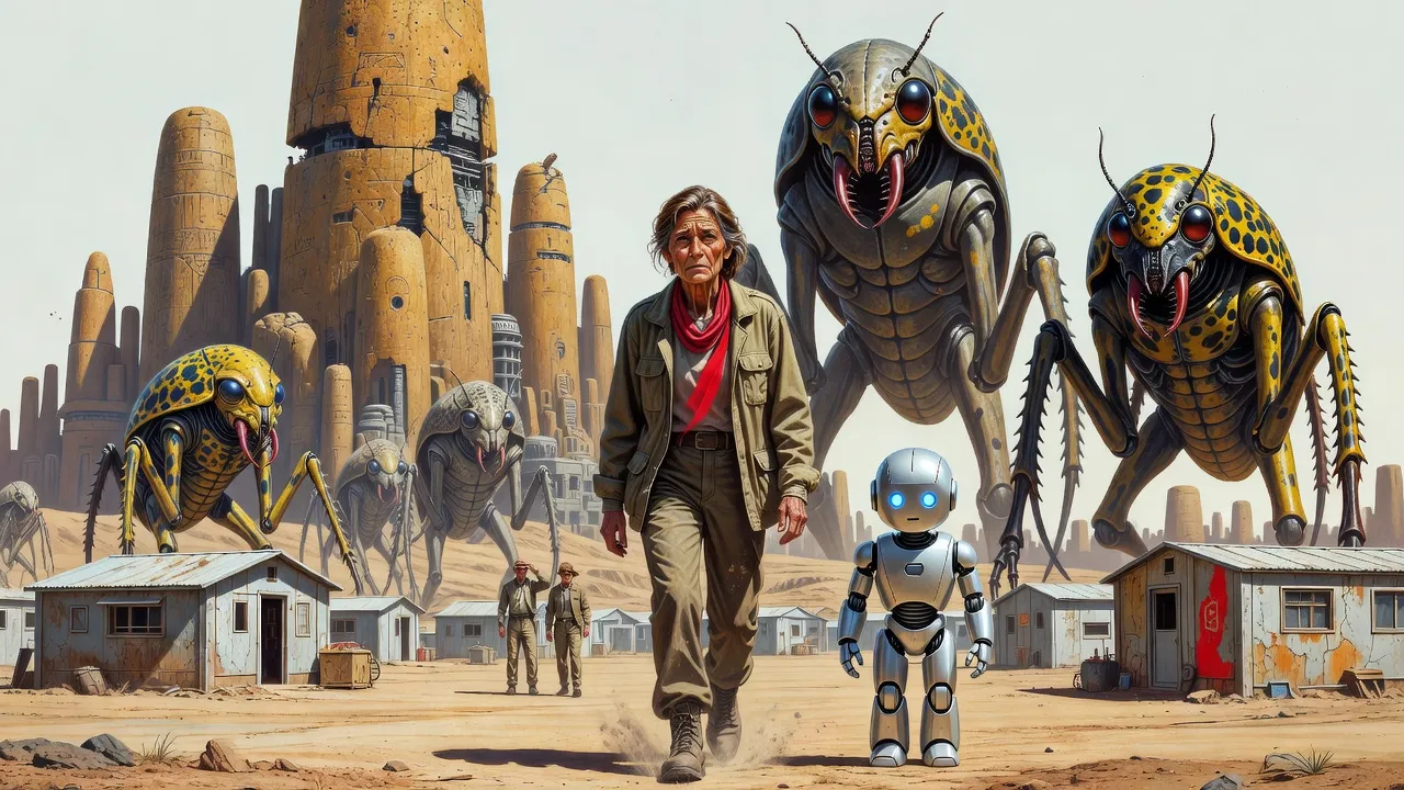 A woman with grey-streaked hair, a red scarf and dusty field clothes walks toward the viewer with a small silver robot at her side, giant yellow-and-black beetle-like aliens towering behind her among tall termite-mound towers and prefab huts.