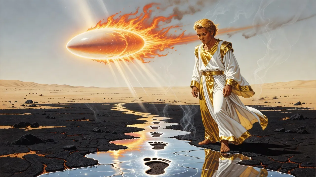 A young golden-haired alien nobleman stands on scorched black ground looking down at footprints melted into glass while a fireball recedes into the sky.