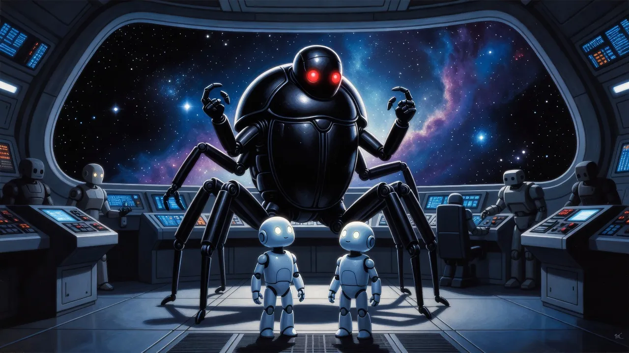 A hulking black beetle-shaped robot with red eyes raises a jointed limb over two small pale robots on a warship’s bridge.