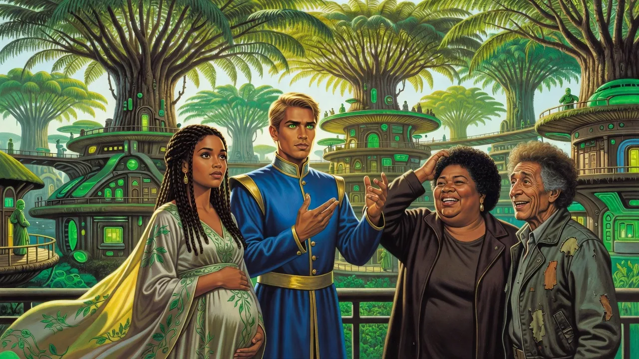 A fair-haired young king and a pregnant queen with braided hair stand on a forest balcony while a big trader woman tousles a laughing pilot’s frizzy hair.