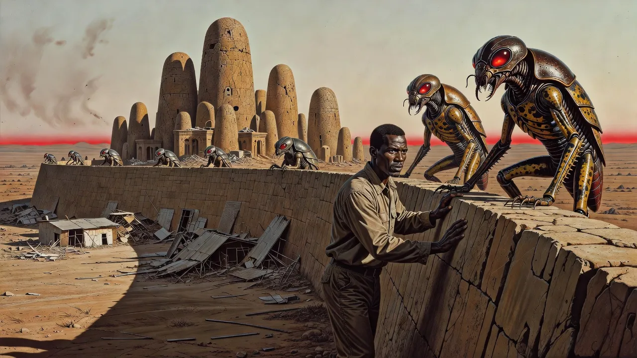 A tall dark-skinned man walks along the inside of a high curved alien wall while two beetle-like aliens watch him from its top.