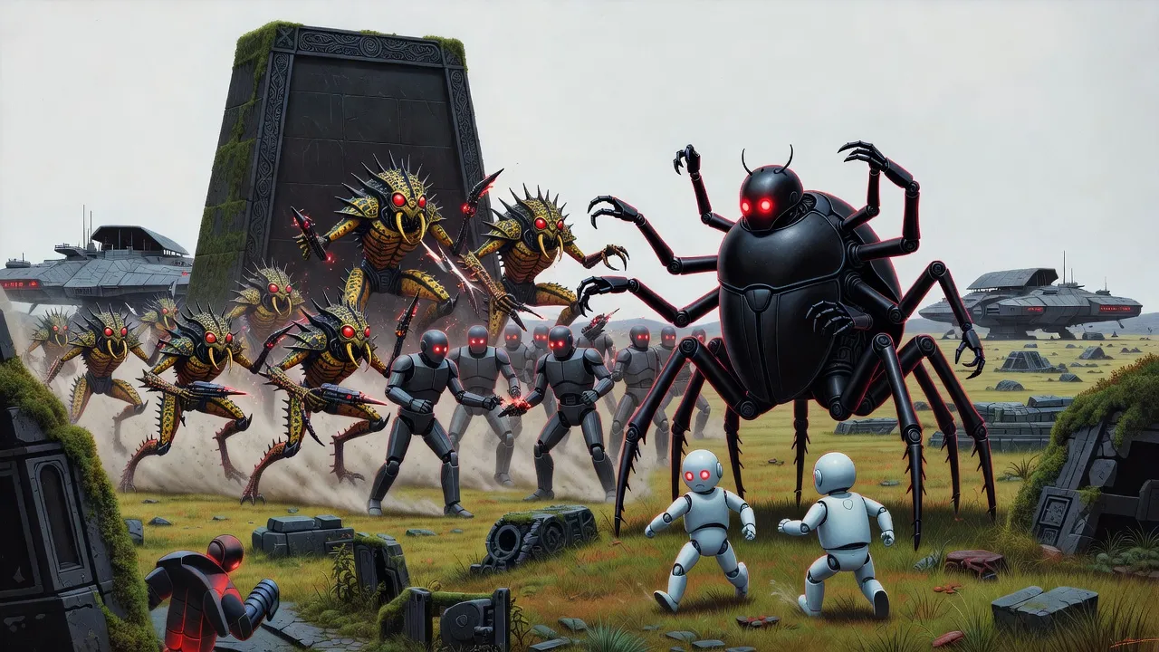 Spiny yellow-and-black beetle-like aliens pour out of a stone gateway in overgrown ruins and crash into a line of grey combat robots, while a black beetle-shaped robot directs them and two small pale robots turn to run.