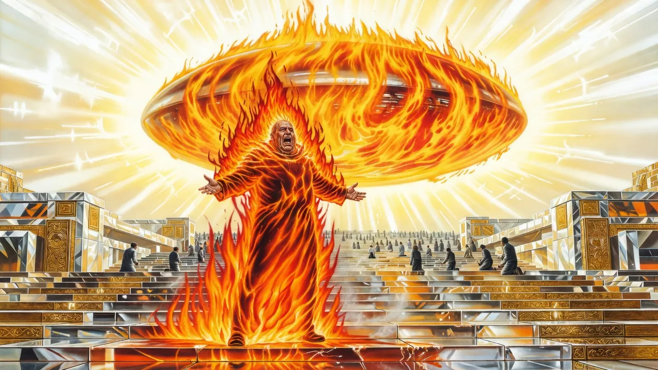 A man-shaped figure cloaked in roaring flame stands on palace steps before a vast fireball while a city’s people kneel far below.