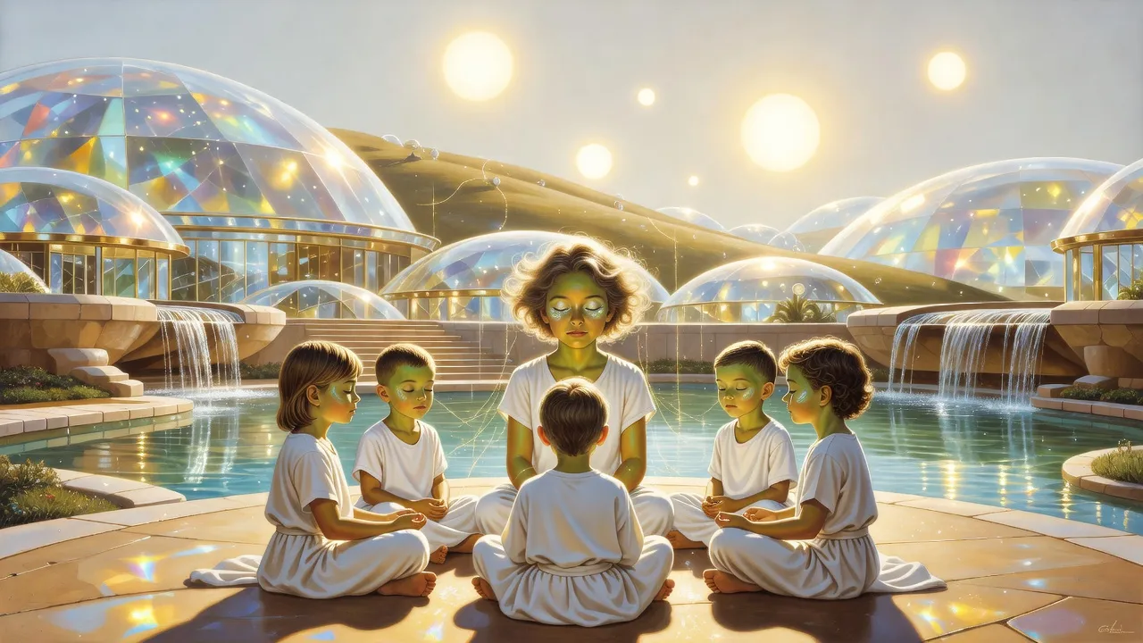 Five half-alien children with faintly golden-green skin sit in a ring beside a palace pool with their eyes closed, faint threads of golden light between them.