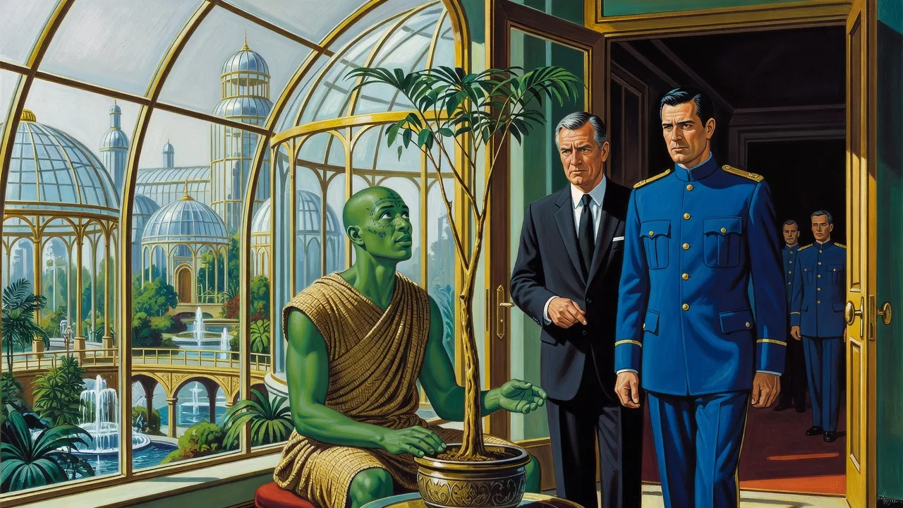 A tall green-skinned priest sits among potted plants beside a small golden tree in a pot as a grey-haired man in a dark suit points at it and a guard captain steps forward reluctantly.