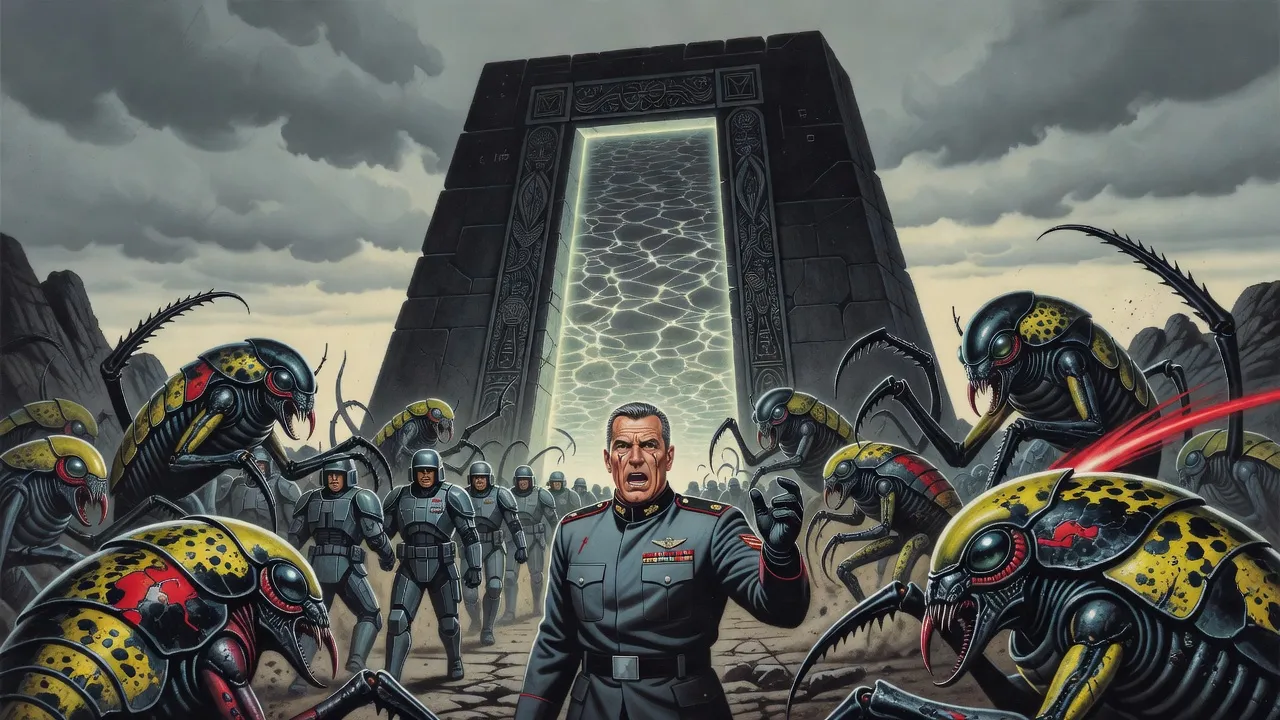 Grey-armoured soldiers march into a rippling stone gateway as spiny beetle-like aliens burst out of it, a hard-faced general turning to shout.