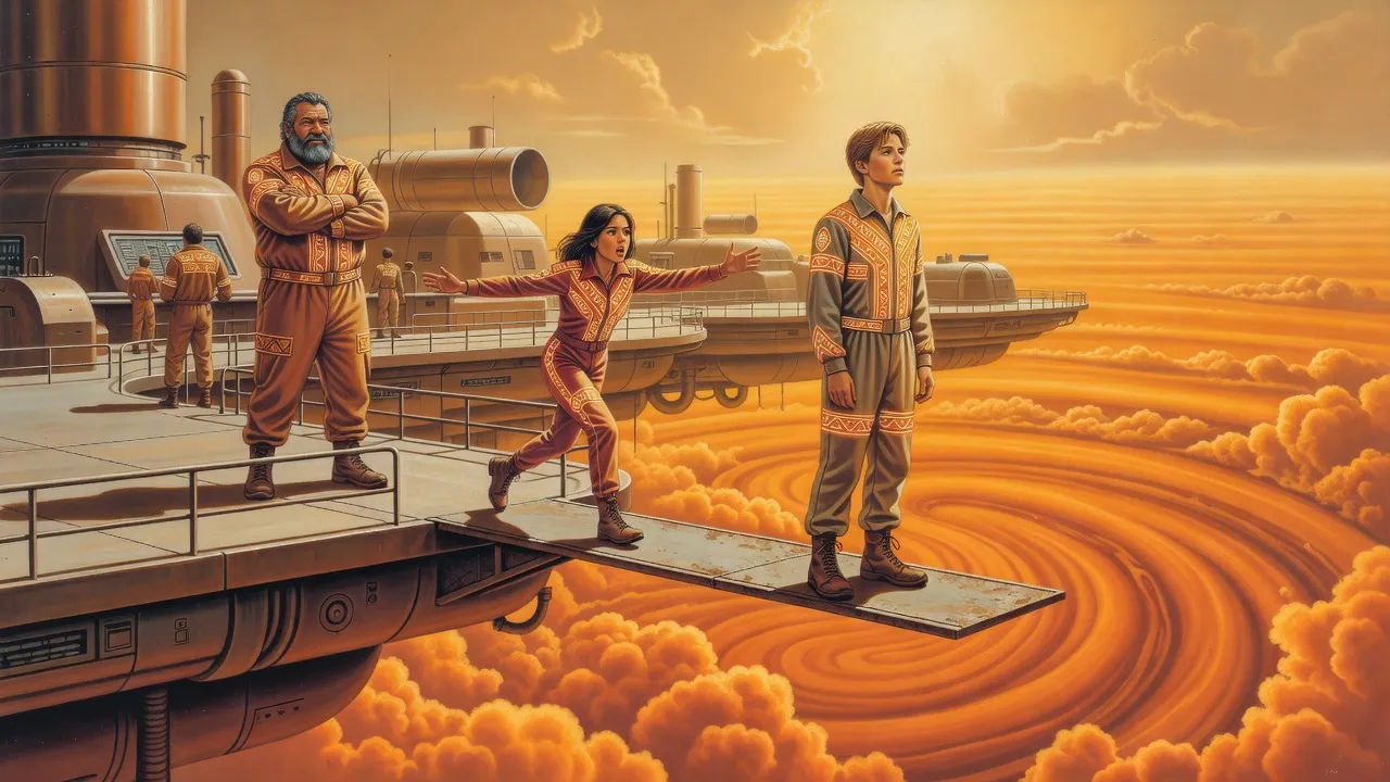 A fair-haired young man stands at the end of a narrow plank jutting from a floating industrial platform over endless clouds, while behind him a dark-haired young woman runs forward calling out and a bearded man watches grimly.
