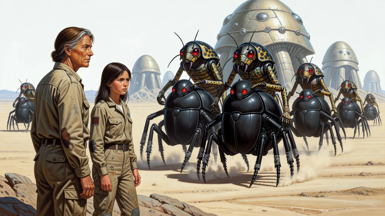 A grey-haired woman and a teenage girl watch from a distance as giant yellow-and-black beetle-like aliens drag three captured black beetle-shaped robots toward an alien hive.