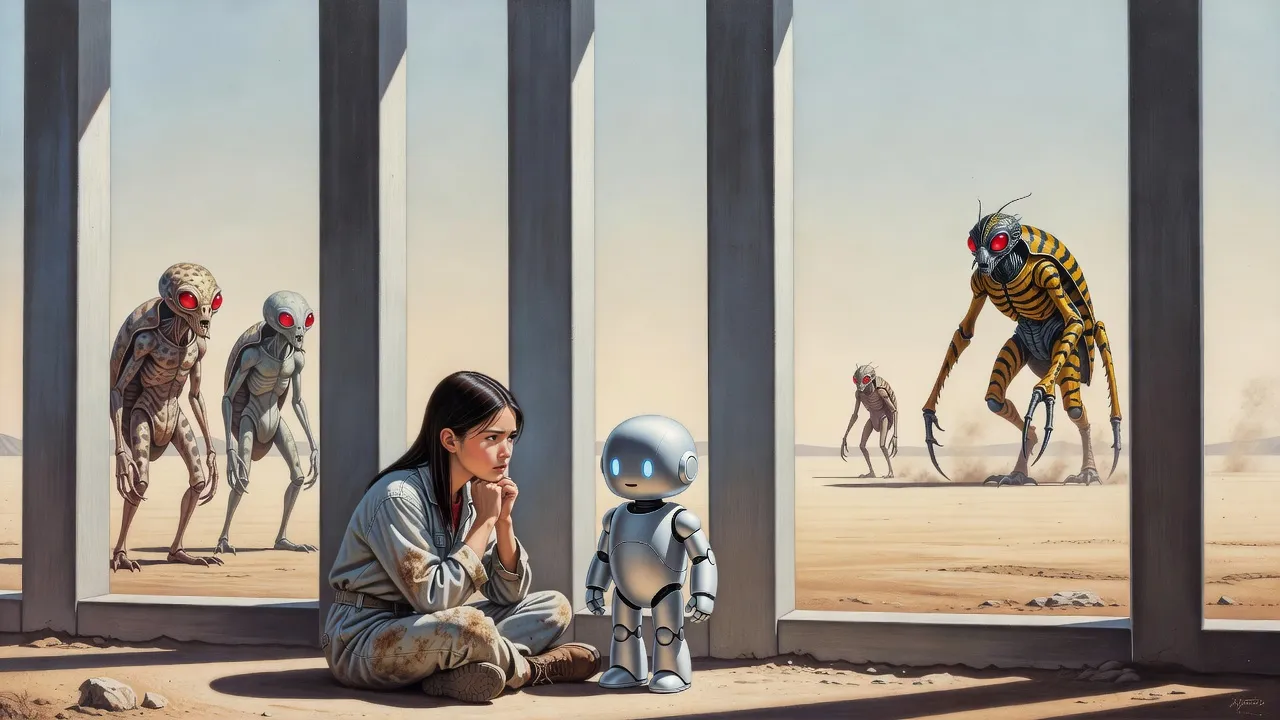 A thin teenage girl sits with her chin in her hands by a fence beside a small silver robot while two gangly beetle-like aliens stare back from a distance.