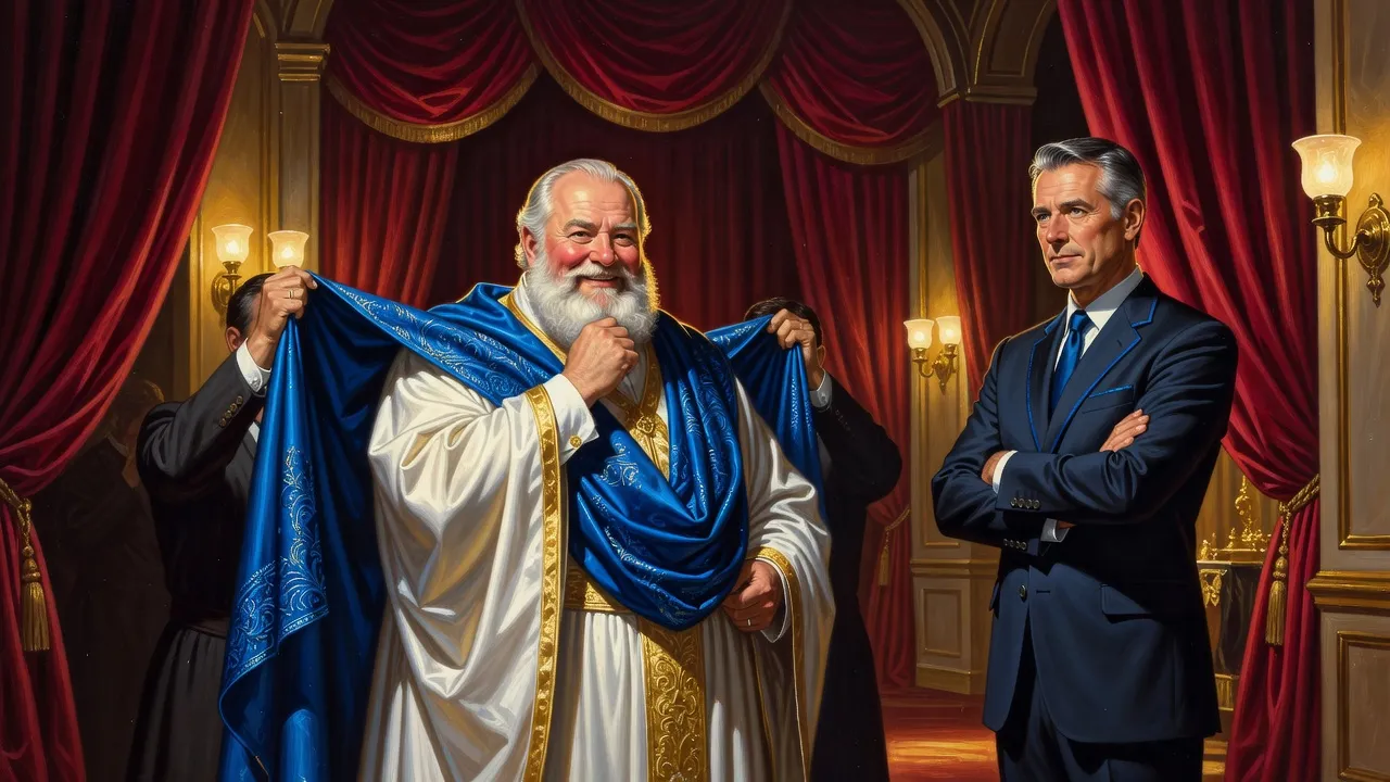 A portly white-bearded old man in white-and-gold robes is dressed by attendants backstage while a grey-haired man in a dark suit watches with folded arms.