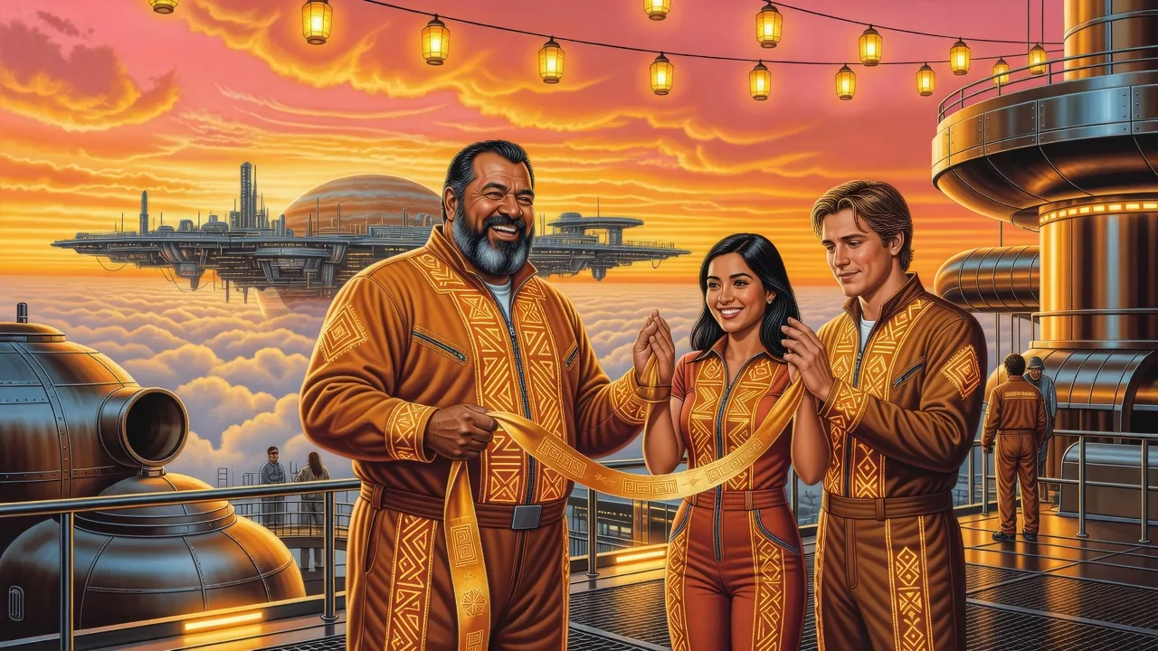 A big bearded man holds an embroidered ribbon over the joined hands of a fair-haired young man and a dark-haired young woman on a skymine deck at sunset.