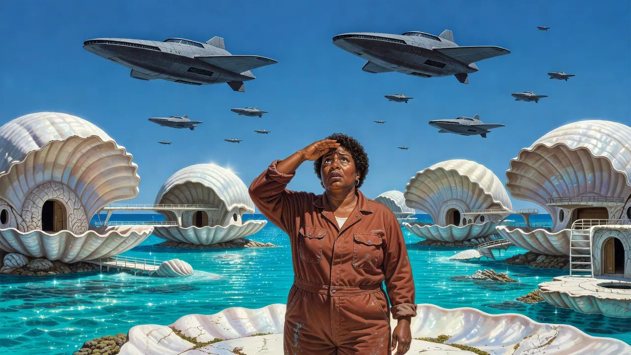 A big trader woman on the terrace of a giant pearly sea-shell house in a turquoise lagoon looks up as grey warships descend from a blue sky.