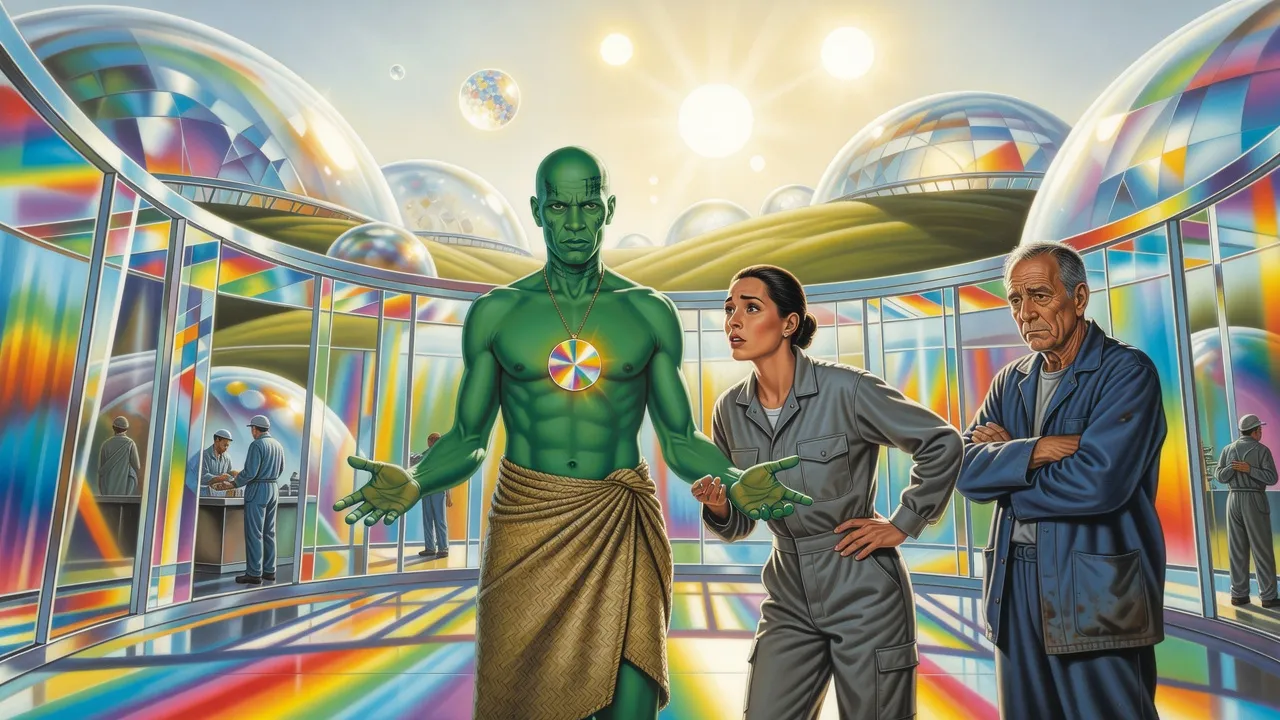 A bare-chested green-skinned priest wearing a mirror-bright medallion speaks with open palms to an eager woman engineer while a tired grey-haired man stands back with folded arms.