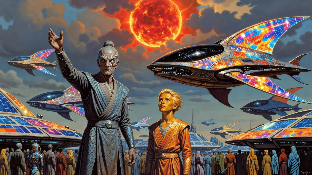 Under a swollen, guttering red-orange sun, a one-eyed grey-skinned commander directs ornate alien warships lifting off while a golden-haired boy looks up at the sky.