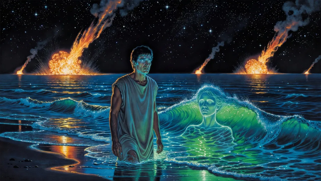 A faintly glowing man stands knee-deep in a blue-green glowing sea under a night sky, staring at fireballs plunging into the water far off on the horizon.