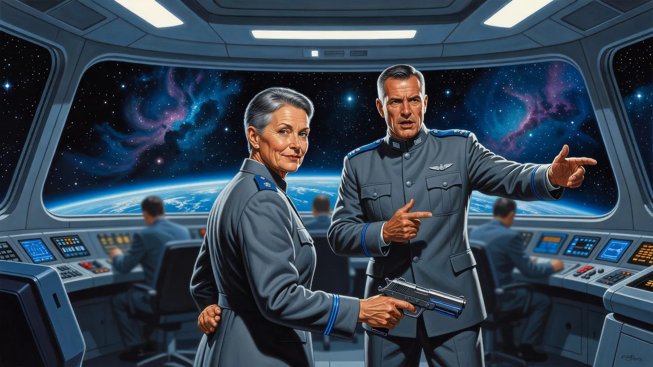 A grey-haired woman admiral faces a square-jawed general on a warship’s bridge, a compact pistol held low at her side out of his sight.