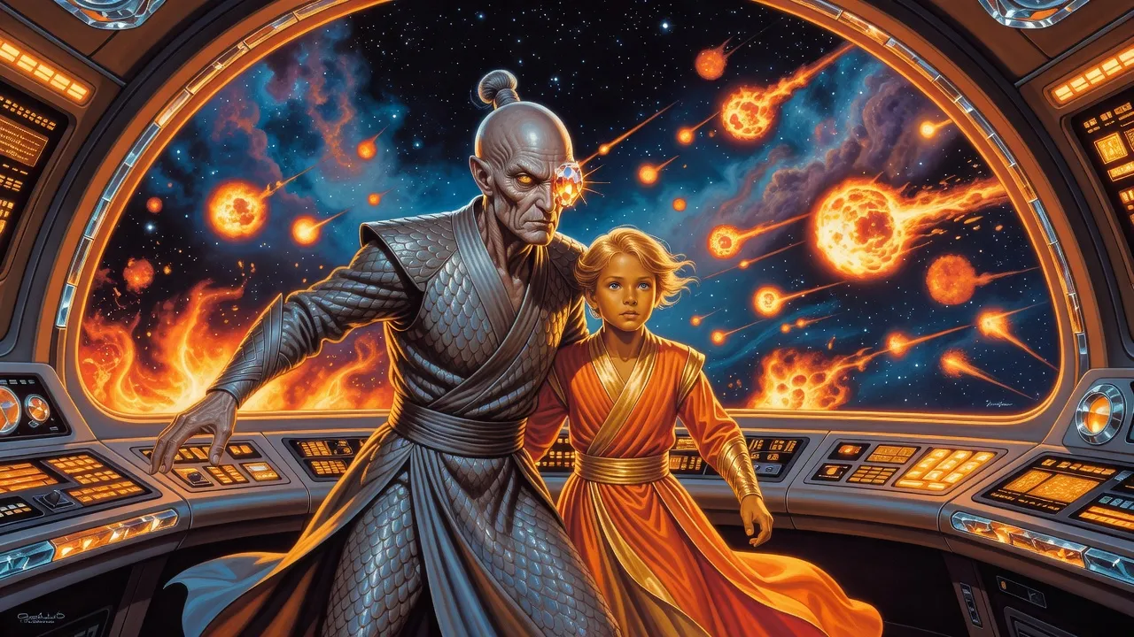 On the bridge of an alien warship, a one-eyed grey-skinned commander holds a golden-haired boy behind him as fireballs fill the forward viewport.