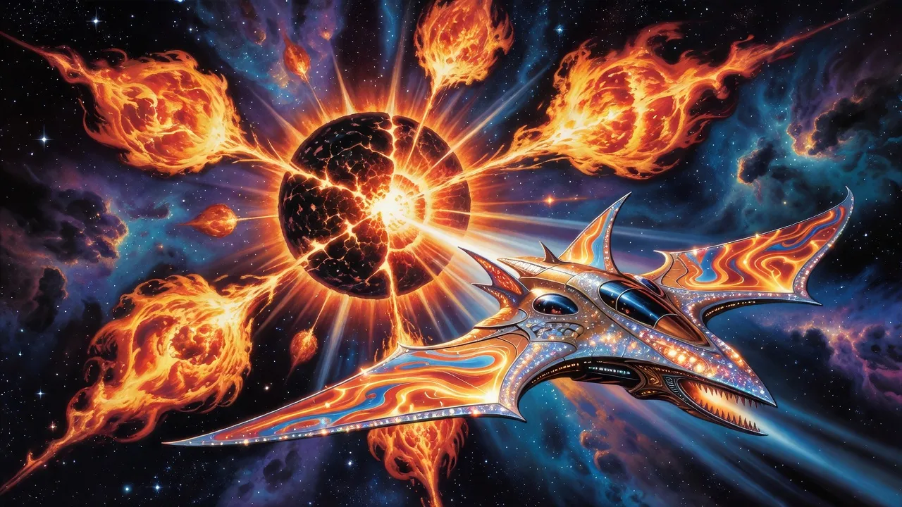 A small ornate alien warship races toward a dead dark star that is cracking open in a blinding flare of fireballs.