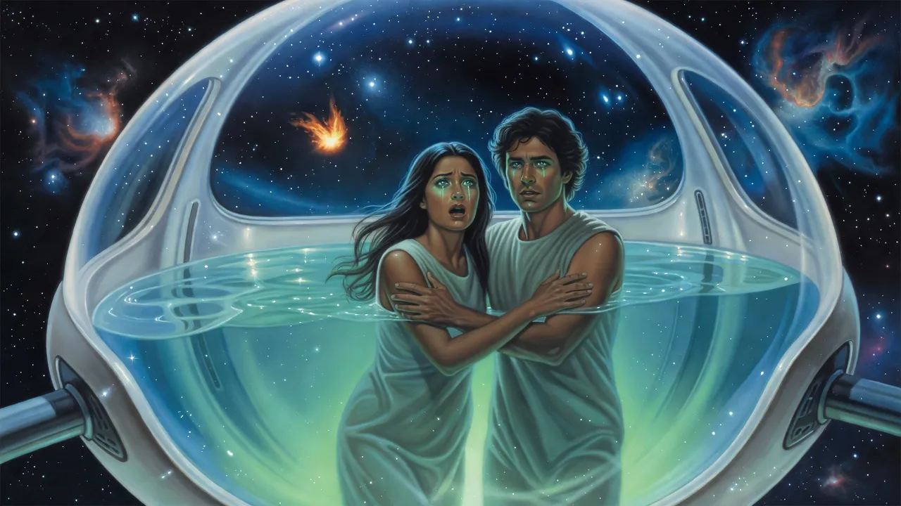 Inside a ship of glowing water, a dark-haired woman cries out as a man holds her by the shoulders, both turned toward a small burst of fire far off among the stars.