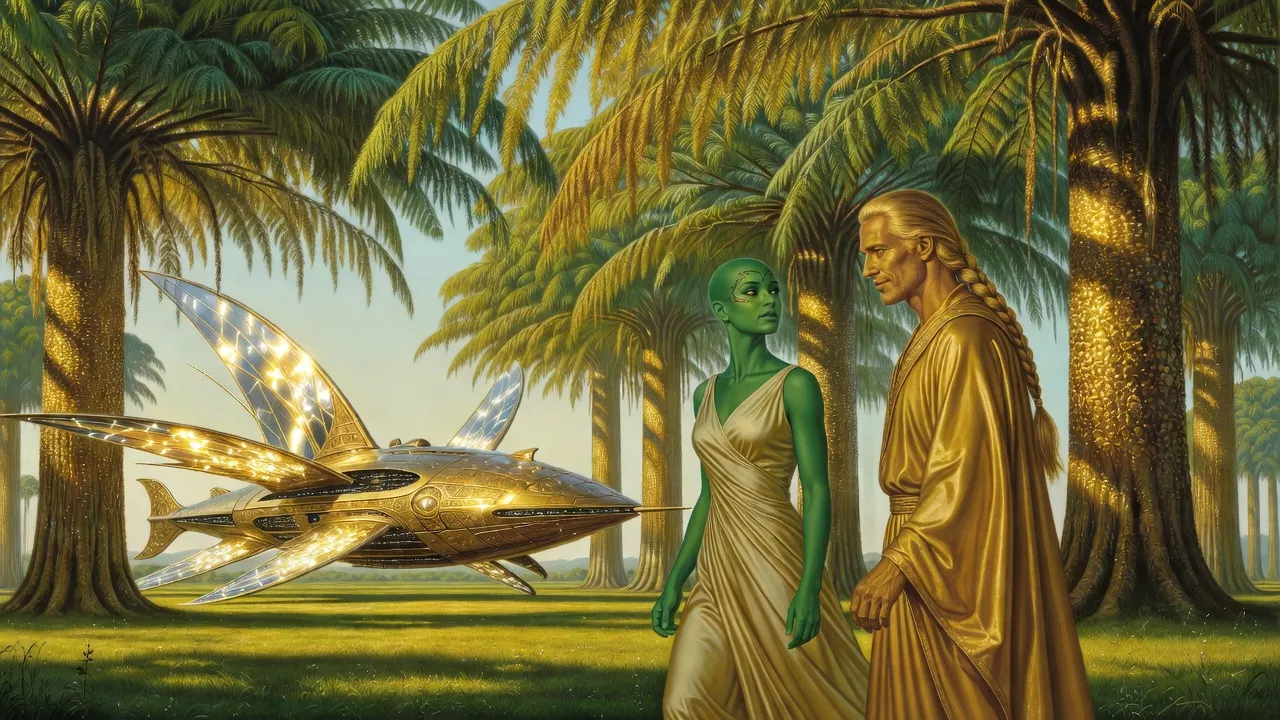 An ornate alien warship rests in a meadow among colossal trees as a green-skinned woman in gold silk steps down with her face lifted to the fronds, a golden-haired ruler watching behind her.