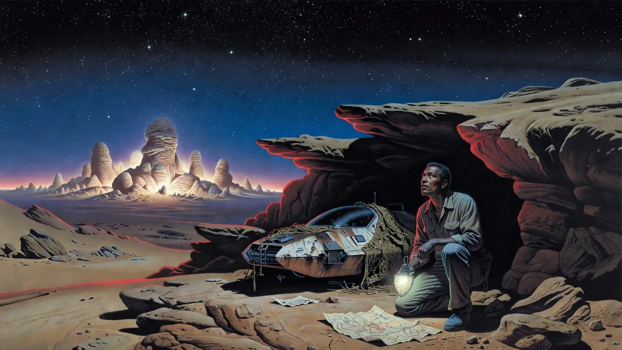 At night under a sky crowded with stars, a tall man crouches over maps by a shielded lamp at the mouth of a rocky grotto where a small spacecraft waits under netting.