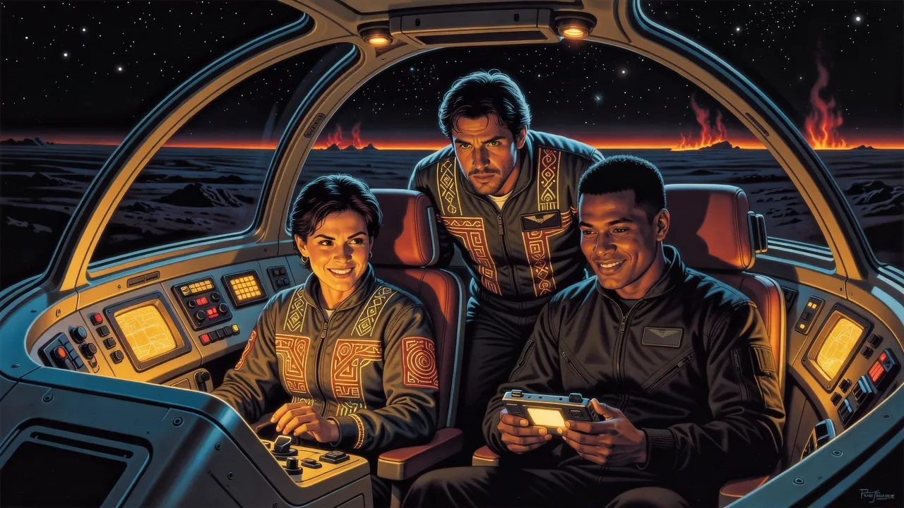 In a cramped amber-lit cockpit a dark-haired woman pilots, a brown-skinned man checks a scanner and a young man leans between them toward a night landscape with a red glow on the horizon.