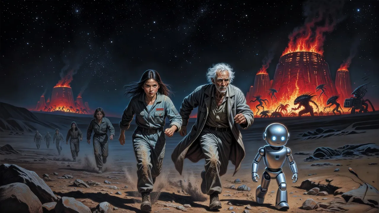 A teenage girl, a scruffy old man and a small silver robot run through the dark toward the viewer while an alien hive burns on the horizon behind them.