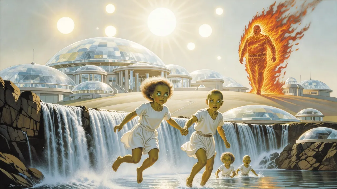 A burning man-shaped figure strides along the high terraces of a crystal palace under a white-gold sky while children leap from a foaming waterfall into a pool far below.