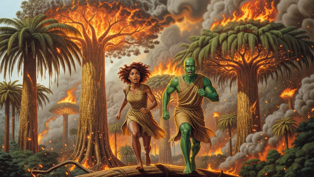 A young woman and a broad-shouldered green-skinned man run along a giant branch as towering trees burn behind them.
