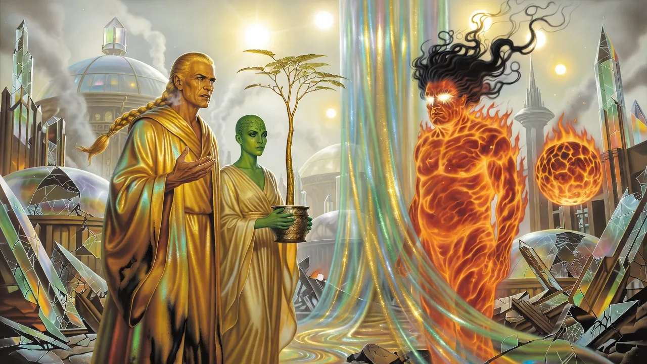 In the smoking ruins of a crystal city under a sky of several suns, a golden-robed man faces a figure of living fire across a shimmering curtain of light, while a green-skinned woman holding a potted sapling stands behind him.
