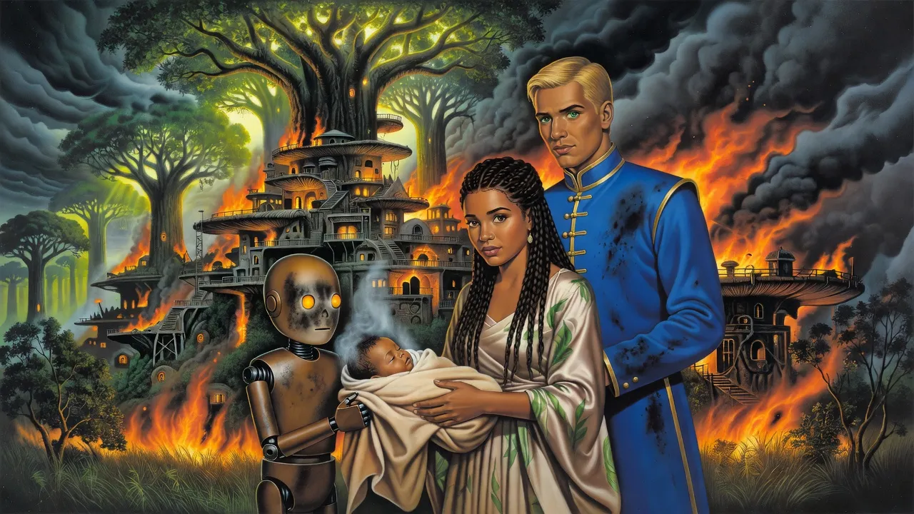 On burning ground at the foot of a flaming mushroom-shaped city, a soot-smeared small robot holds out a steaming, blanket-wrapped baby to a young queen while the king stands over them.
