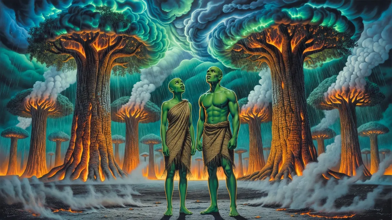 Two green-skinned young people in a scorched clearing look up as blue-green storm clouds pour glowing rain onto giant trees burning from within.