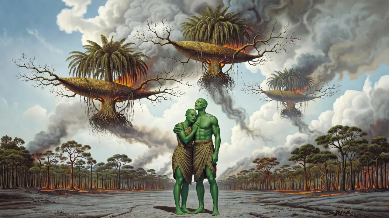 Thorny living starships haul glowing, smoking trees up through the clouds while a green-skinned young woman weeps against a young man’s chest in a burned meadow.