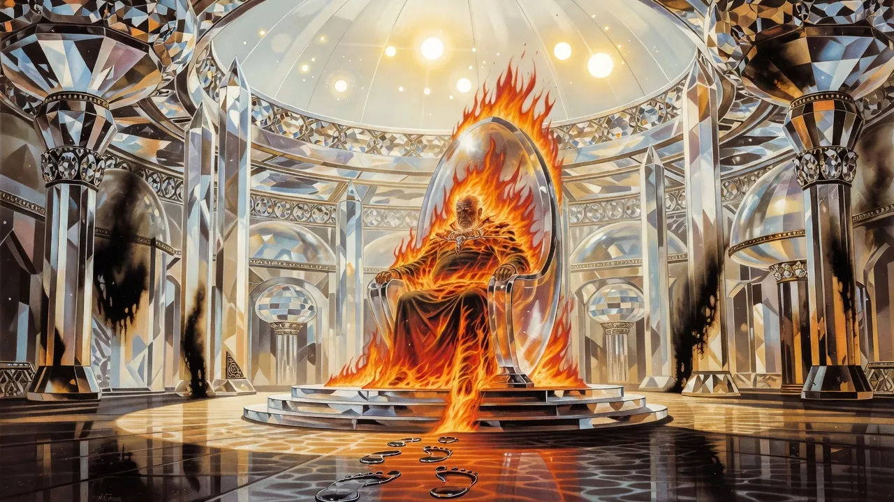 In a seared crystal throne hall lit by several suns, a man-shaped figure of living flame sits on a throne, glowing like a coal in a bonfire.