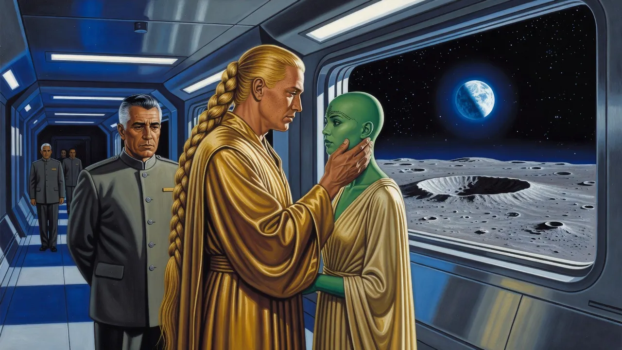 In a grey moon-base corridor, a golden-robed man touches the cheek of a green-skinned woman while a quiet grey-uniformed admiral waits behind him.