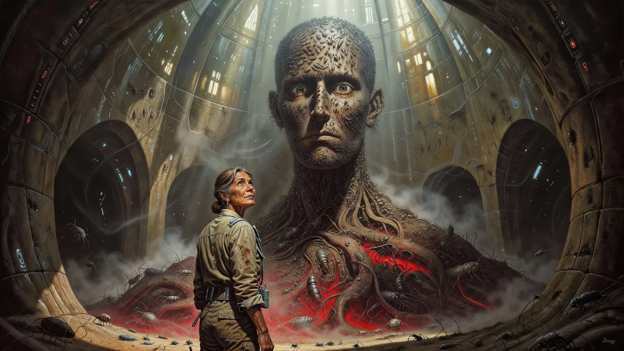 A lone grey-haired woman in khaki stands in a dim hive vault before a colossal human face built out of countless crawling insect bodies.