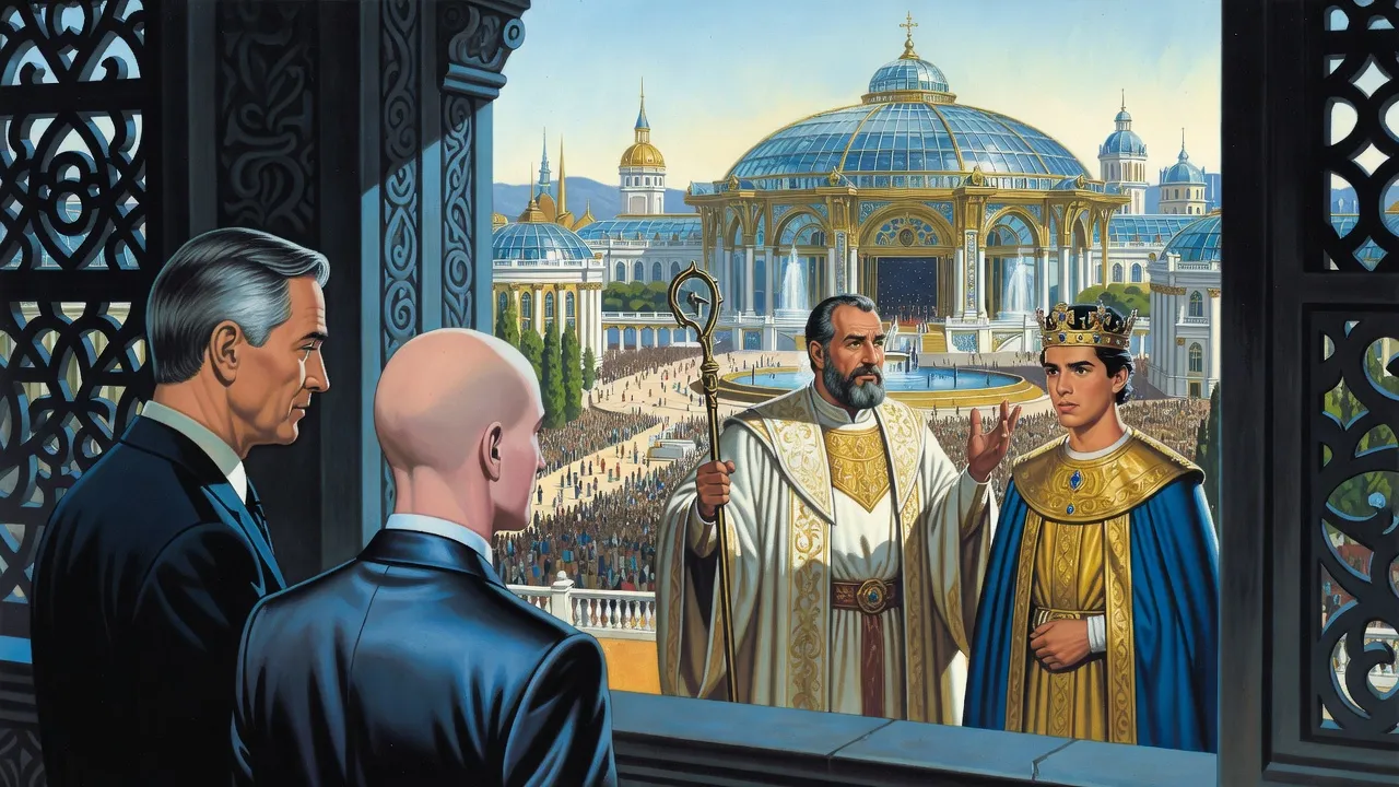 On a palace stage before a vast crowd, a bearded robed preacher with a crook presents a young man in royal robes, watched by two men from a hidden balcony.