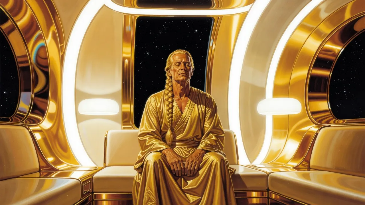 A haggard golden-robed man sits alone with his eyes shut in a warship cabin blazing with white light.